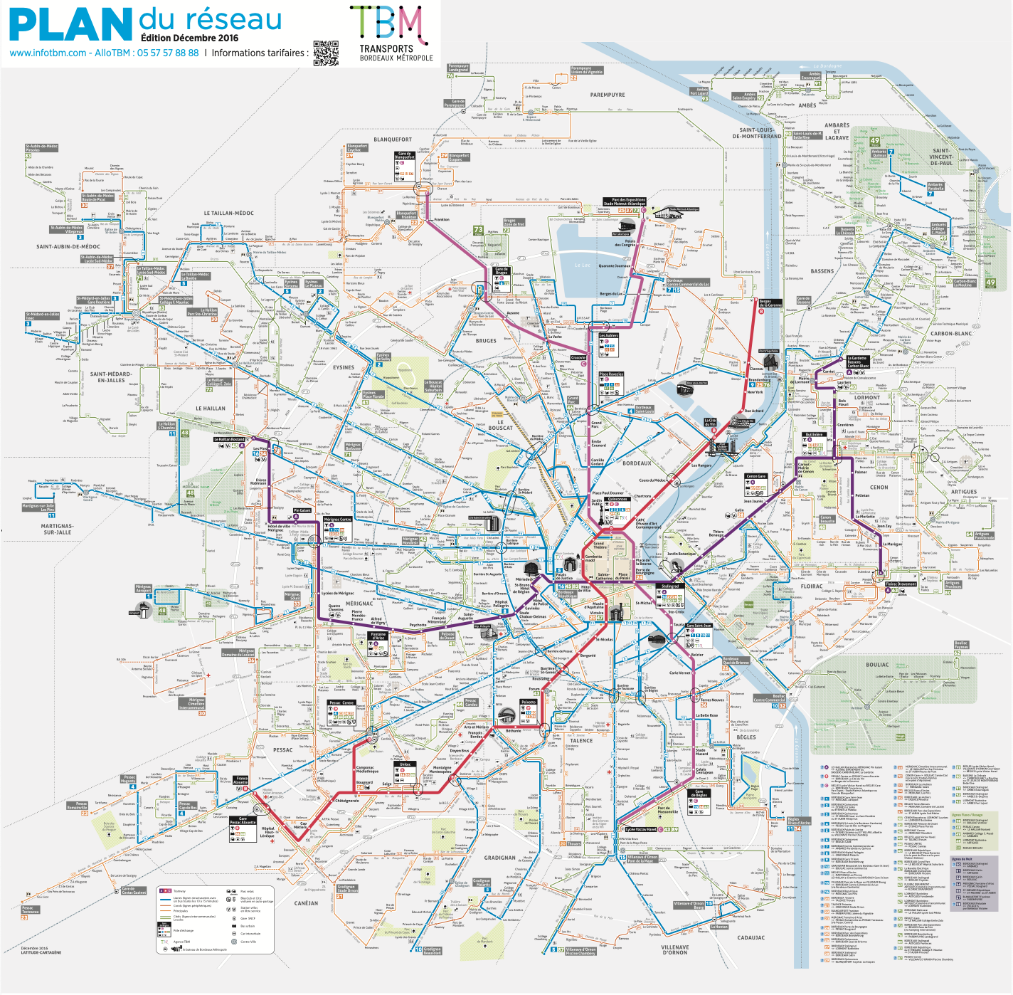 Plan du réseau TBM en 2016