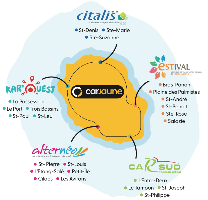 Plan des réseaux de transport en commun sur l'île de la Réunion.